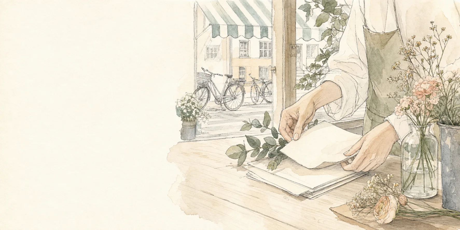 Watercolor of a flower-shop owner arranging invoices before opening