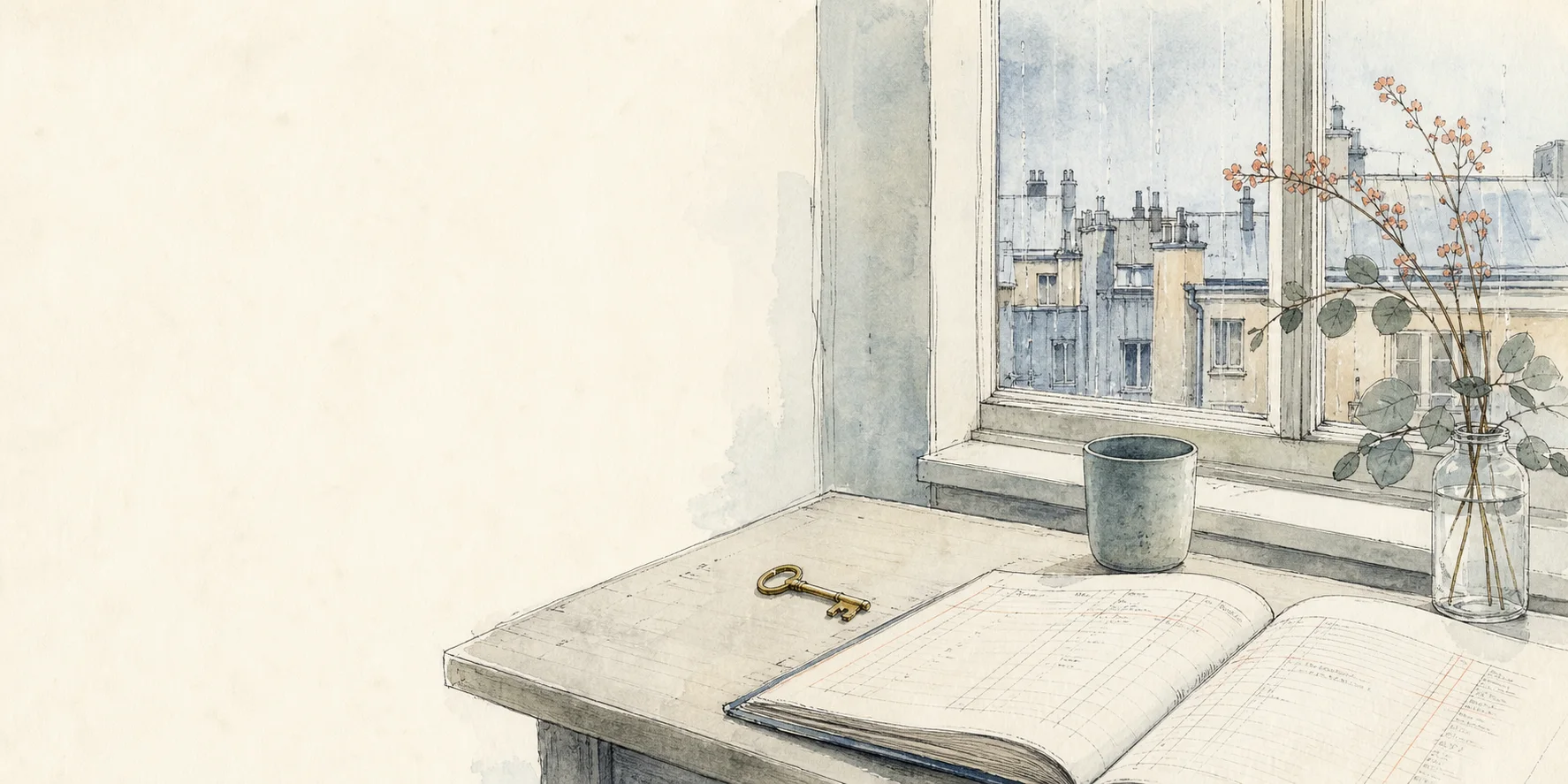 Watercolor of a brass key beside an open ledger at a rainy window
