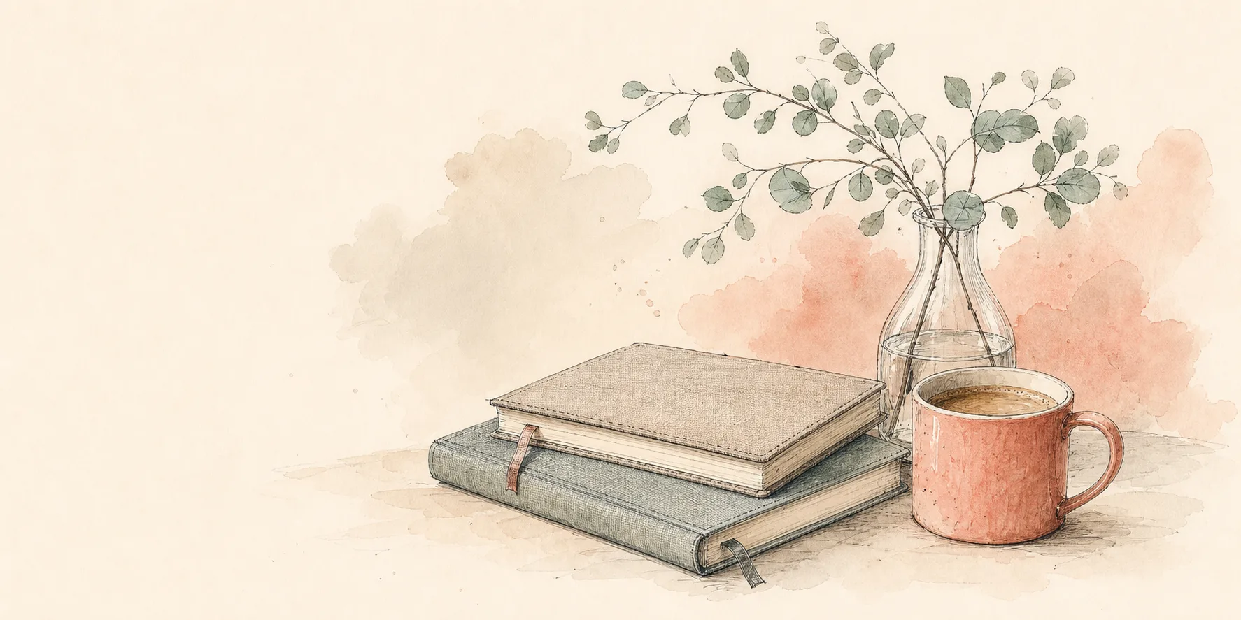 Watercolor illustration of notebooks, coffee, and a leafy branch