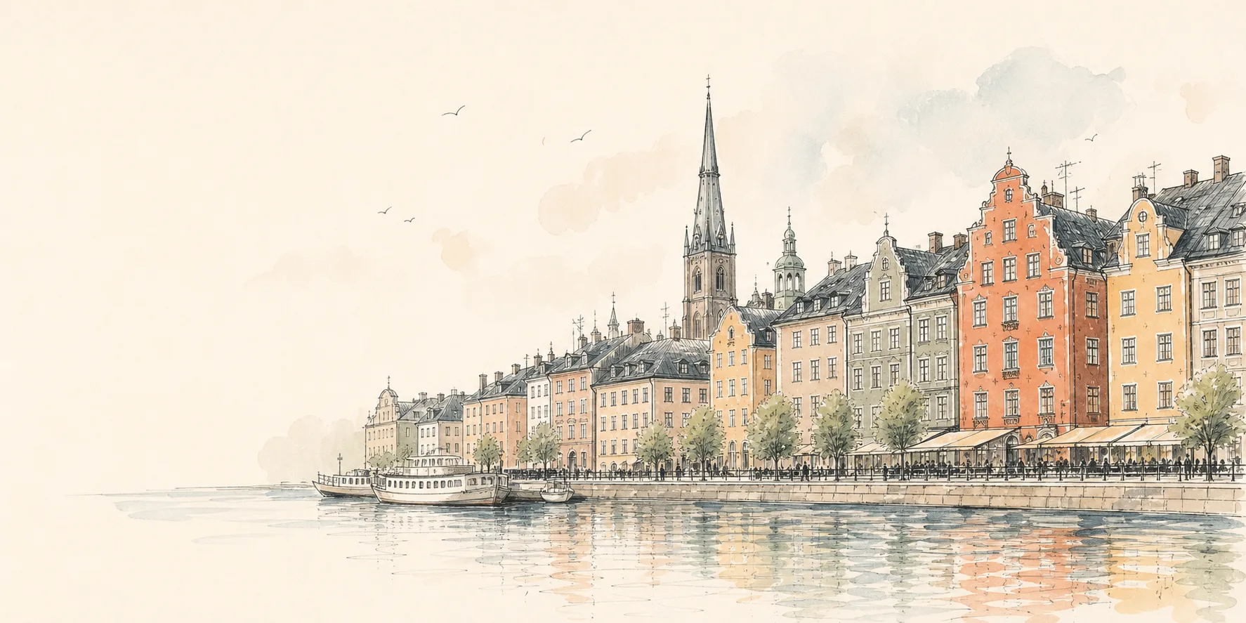 Watercolor illustration of Stockholm's historic waterfront